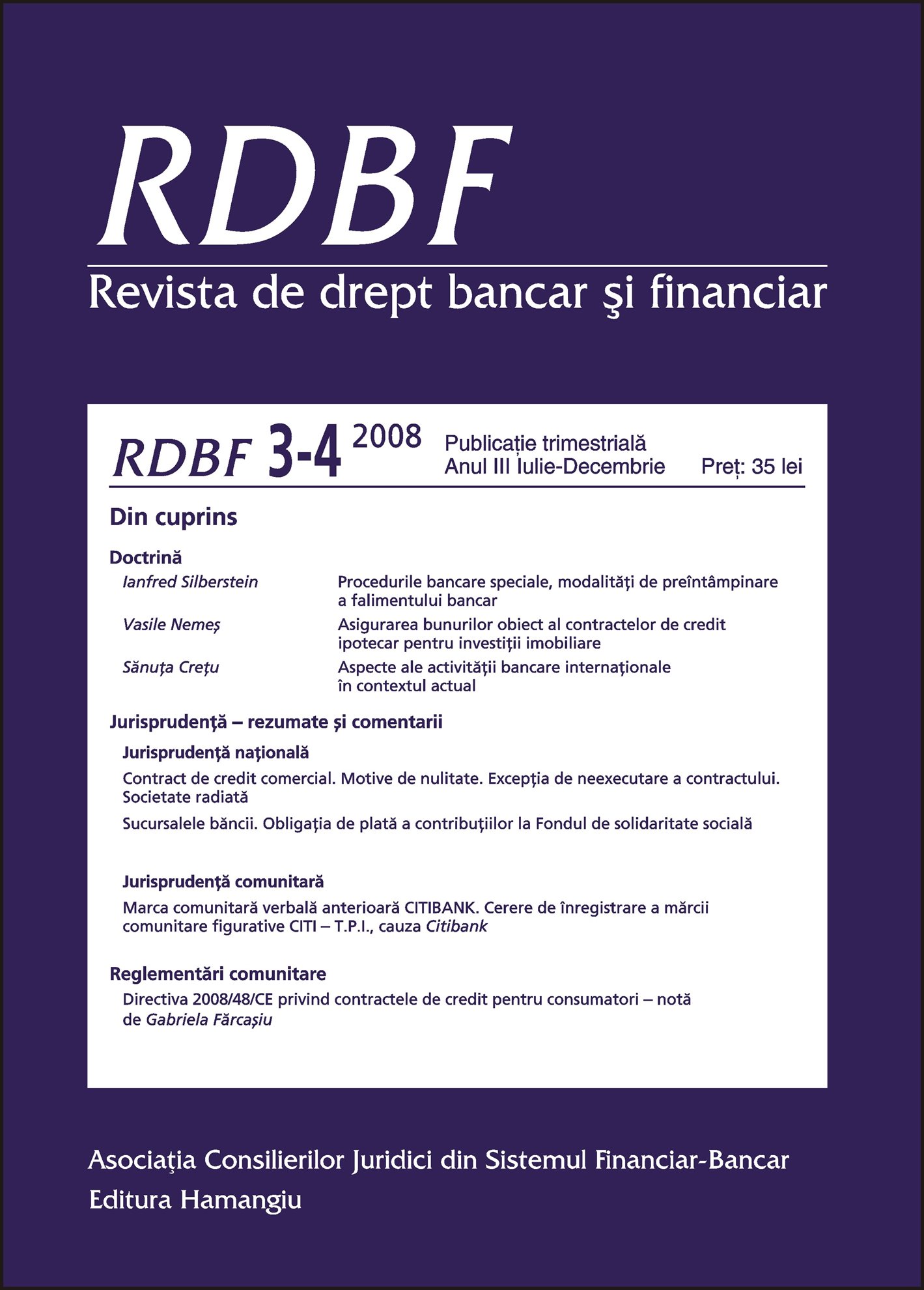 Imagine Revista de drept bancar si financiar, Nr. 3-4/2008