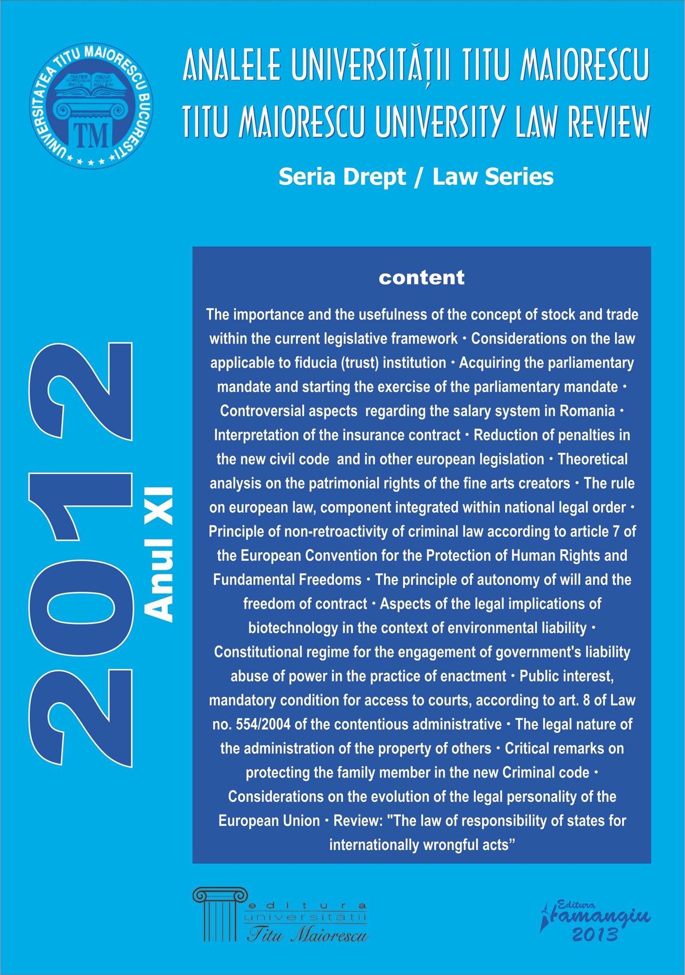 Analele Universitatii Titu Maiorescu - Titu Maiorescu University law review 2012