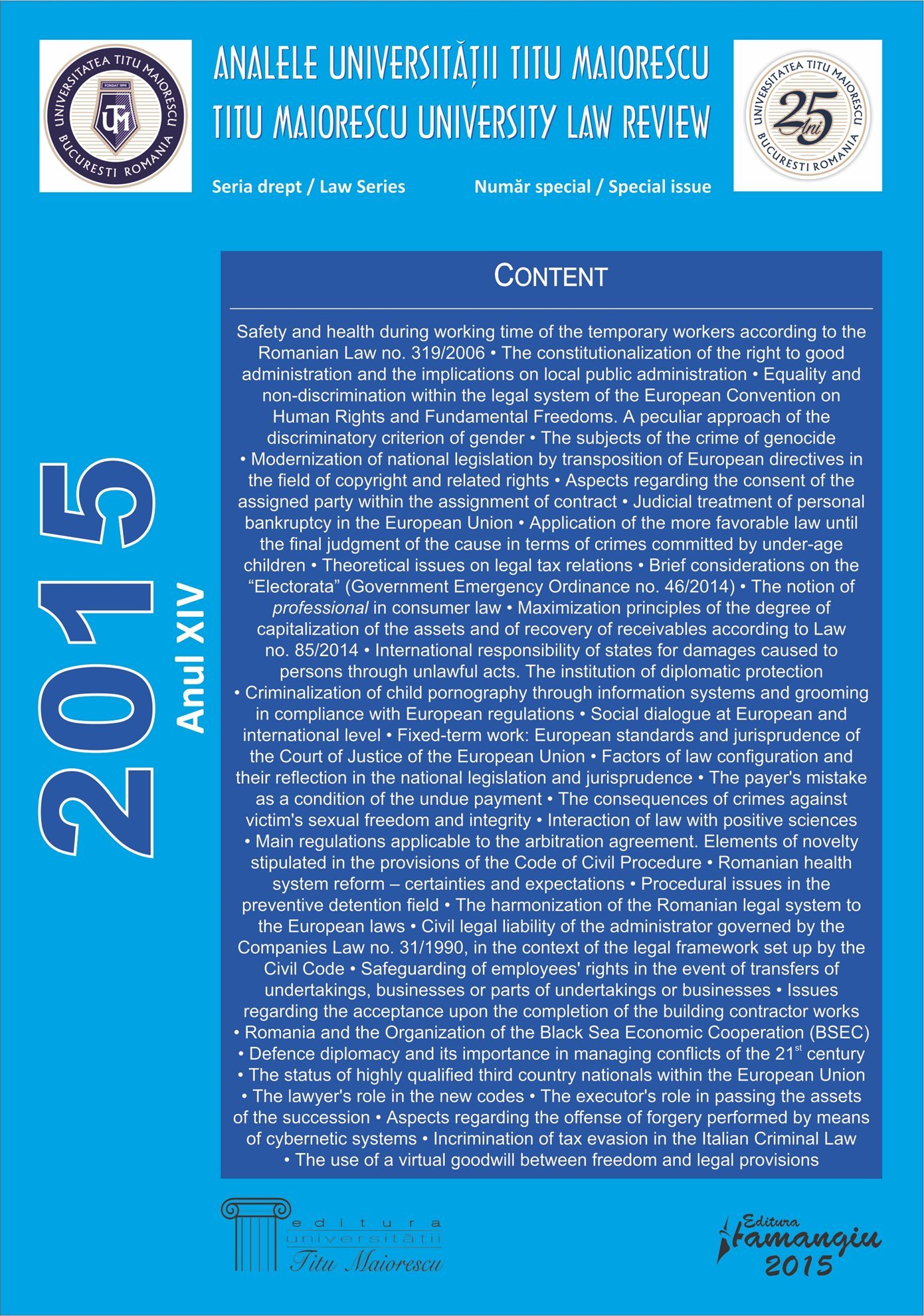 Analele Universitatii Titu Maiorescu - Titu Maiorescu University law review 2015